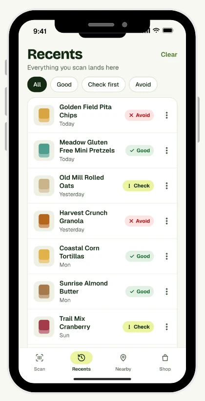Gluten Safety Recents list showing past scans with Avoid, Good and Check verdict chips