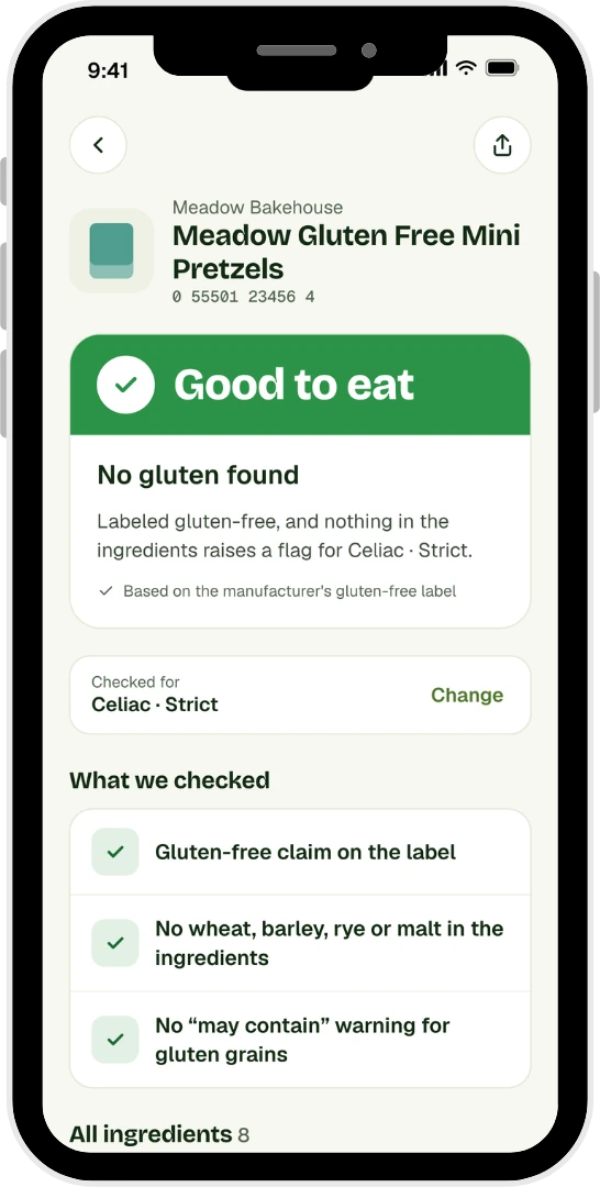 Gluten Safety result screen showing Good to eat and what was checked