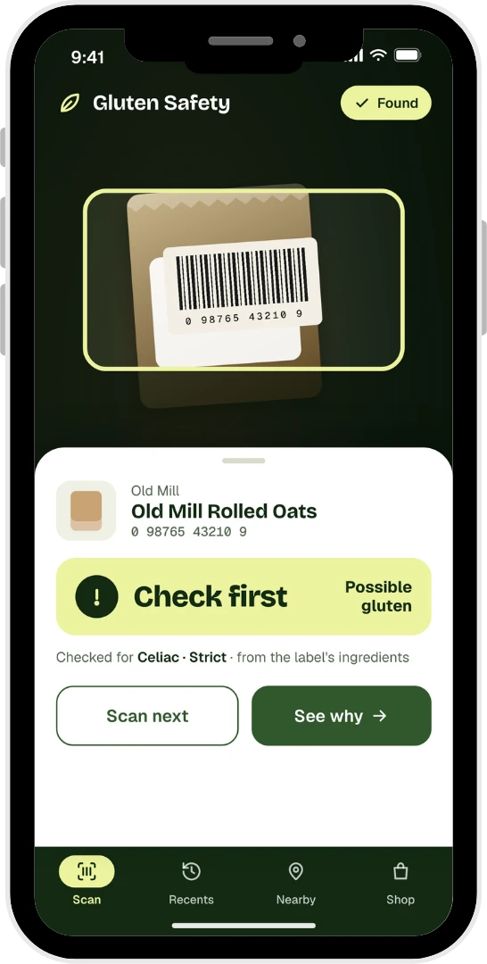 Gluten Safety camera scanning a barcode inside the scan frame