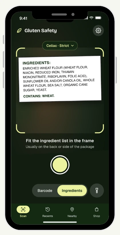 Gluten Safety camera asking you to fit the ingredient list in the frame