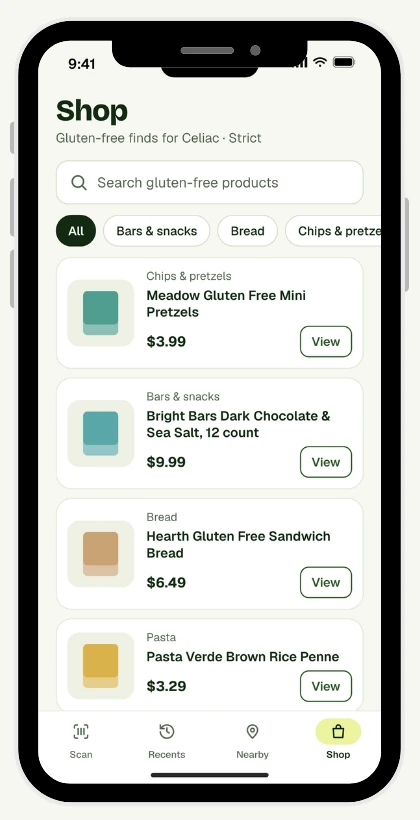 Gluten Safety Shop tab listing gluten-free products with prices