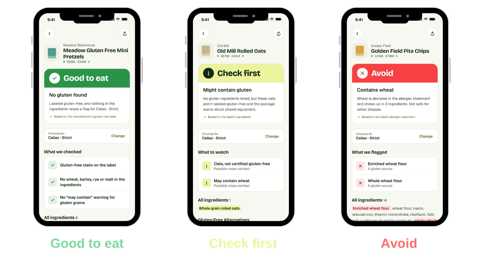 Three Gluten Safety results side by side: Good to eat in green, Check first in lime, and Avoid in red